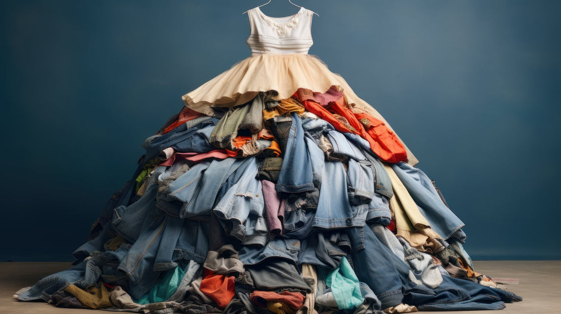 A pile of assorted fabric scraps on a wooden surface, representing textile waste